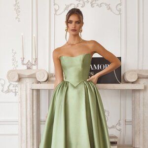 New Sage Fit and Flare Formal Dress w/ Basque Waistline & Lace Up Back CD T822